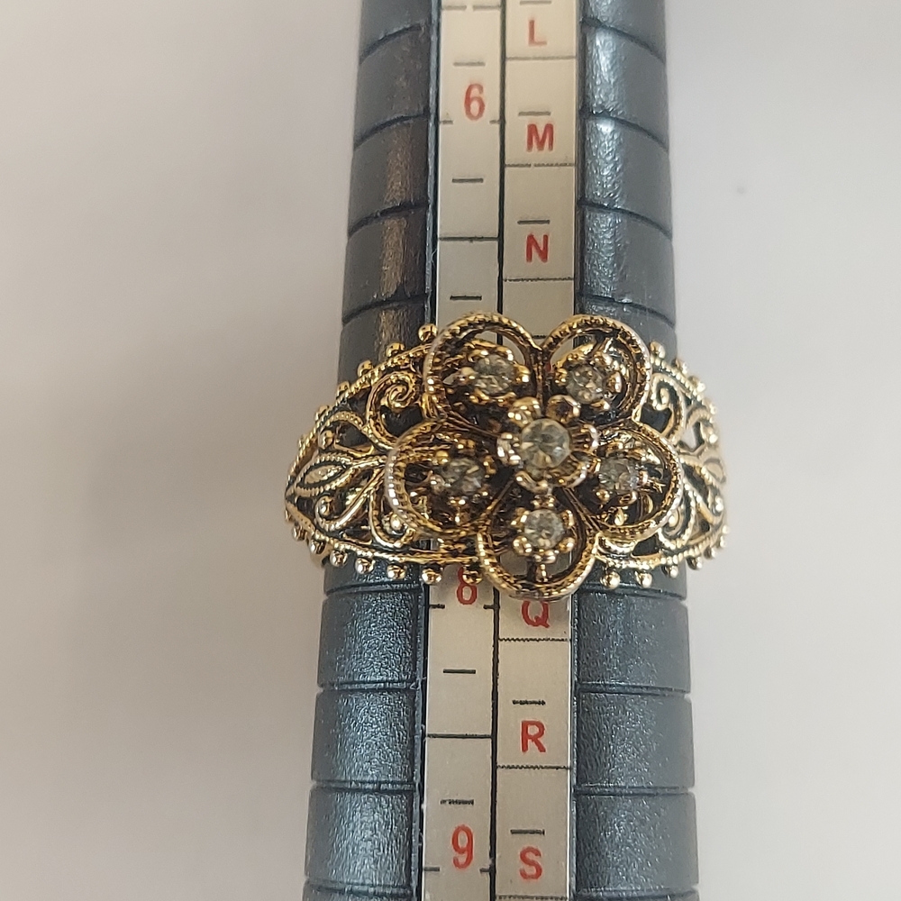 Antiqued Gold Tone Filigree Flower Faux Crystal Ring